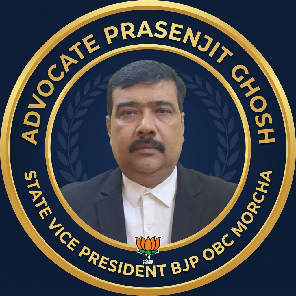 AI Design for MAKE A ROUND SHAP LOGO WITH KEEP MIDDLE THIS PHOTO AND WRITE "ADVOCATE PRASENJIT GHOSH STATE VICE PRESIDENT BJP OBC MORCHA" AROUND THE PHOTO