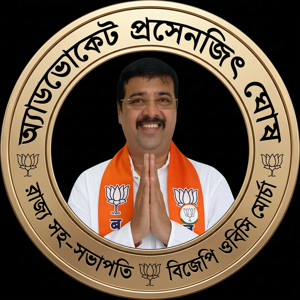 AI Design for MAKE A ROUND SHAP LOGO WITH KEEP MIDDLE THIS PHOTO AND WRITE "অ্যাডভোকেট প্রসেনজিৎ ঘোষ রাজ্য সহ-সভাপতি বিজেপি ওবিসি মোর্চা" AROUND THE PHOTO