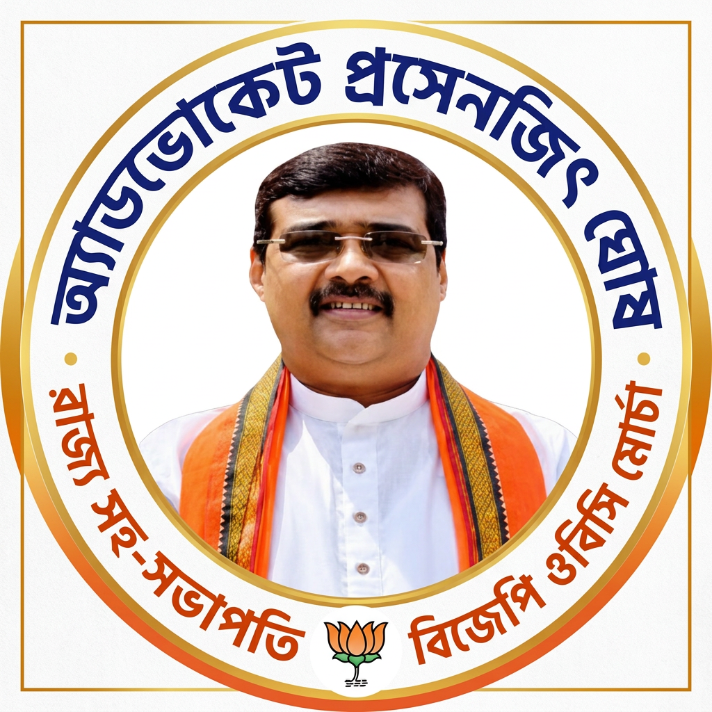 AI Design for MAKE A square SHAP LOGO WITH KEEP MIDDLE THIS PHOTO AND WRITE "অ্যাডভোকেট প্রসেনজিৎ ঘোষ রাজ্য সহ-সভাপতি বিজেপি ওবিসি মোর্চা" AROUND THE PHOTO