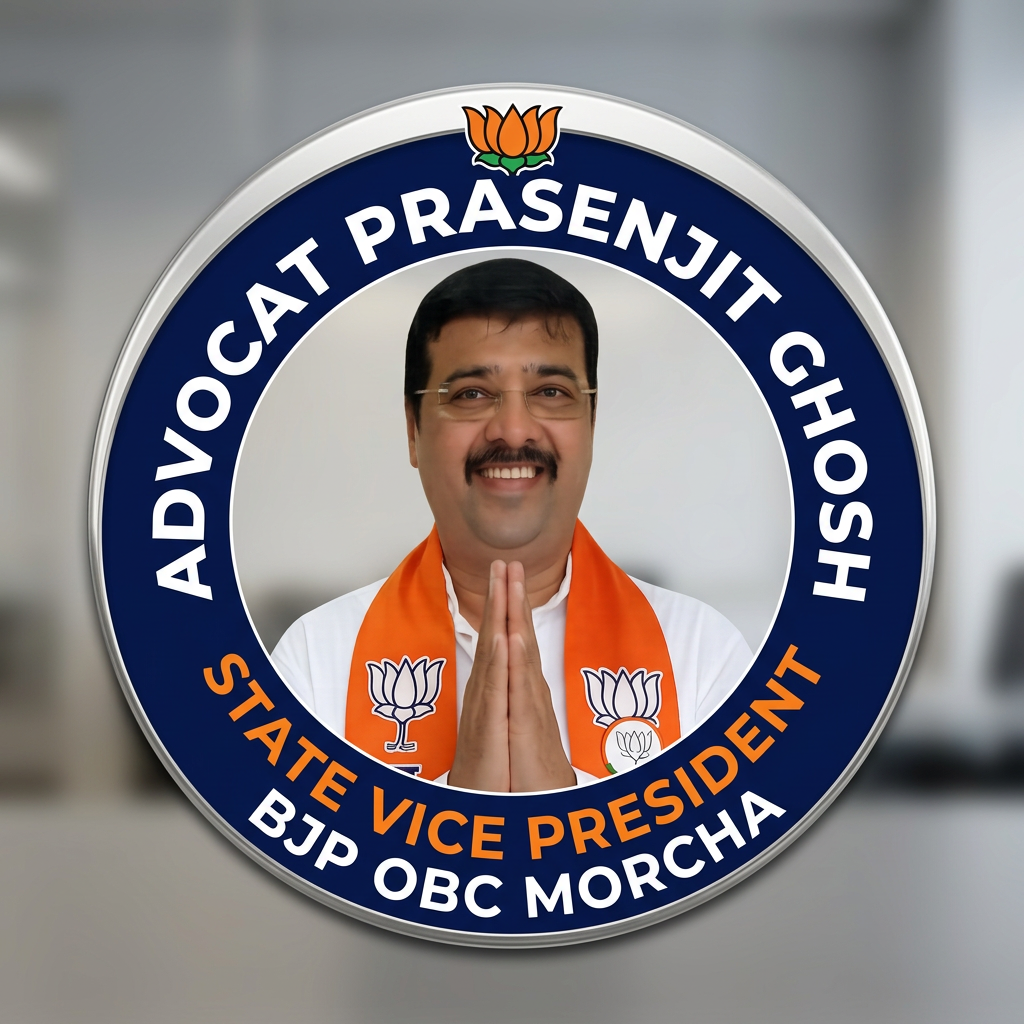 AI Design for MAKE A ROUND SHAP LOGO WITH KEEP MIDDLE THIS PHOTO AND WRITE "ADVOCAT PRASENJIT GHOSH,STATE VICE PRESIDENT,BJP OBC MORCHA" AROUND THE PHOTO