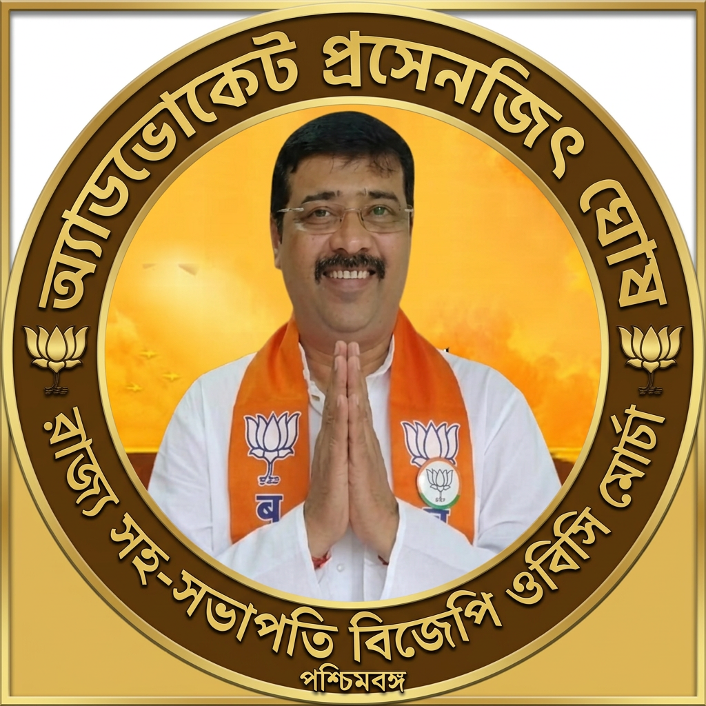 AI Design for MAKE A square SHAP LOGO WITH KEEP MIDDLE THIS PHOTO AND WRITE "অ্যাডভোকেট প্রসেনজিৎ ঘোষ রাজ্য সহ-সভাপতি বিজেপি ওবিসি মোর্চা" AROUND THE PHOTO