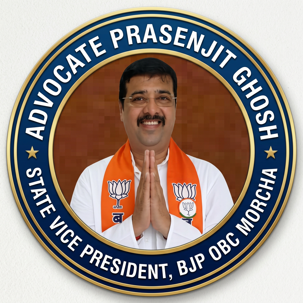 AI Design for MAKE A ROUND SHAP LOGO WITH KEEP MIDDLE THIS PHOTO AND WRITE "ADVOCATE PRASENJIT GHOSH,STATE VICE PRESIDENT,BJP OBC MORCHA" AROUND THE PHOTO