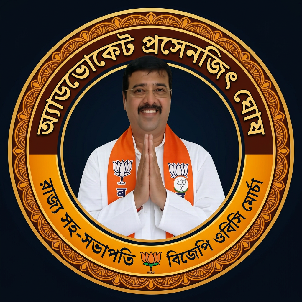 AI Design for MAKE A ROUND SHAP LOGO WITH KEEP MIDDLE THIS PHOTO AND WRITE "অ্যাডভোকেট প্রসেনজিৎ ঘোষ রাজ্য সহ-সভাপতি বিজেপি ওবিসি মোর্চা" AROUND THE PHOTO