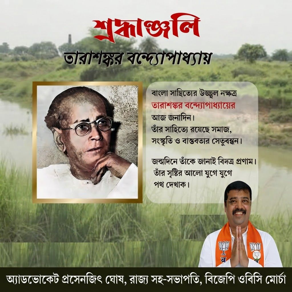 AI Design for add this small beneath right of 1st images melt with image background and mention "অ্যাডভোকেট প্রসেনজিৎ ঘোষ, রাজ্য সহ-সভাপতি, বিজেপি ওবিসি মোর্চা" beneath in the whole image