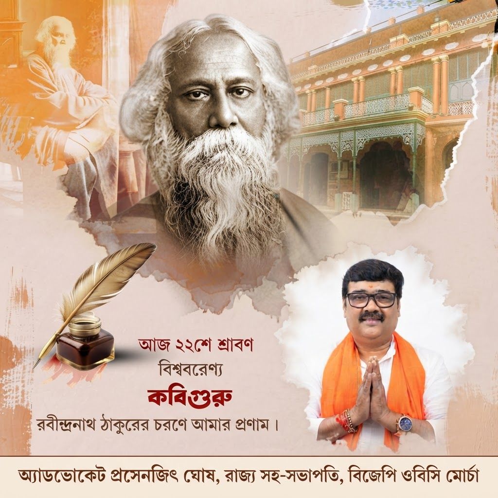 AI Design for add this 2nd small image beneath right of 1st images melt with image background and mention "অ্যাডভোকেট প্রসেনজিৎ ঘোষ, রাজ্য সহ-সভাপতি, বিজেপি ওবিসি মোর্চা" beneath in the whole image everything will remain same