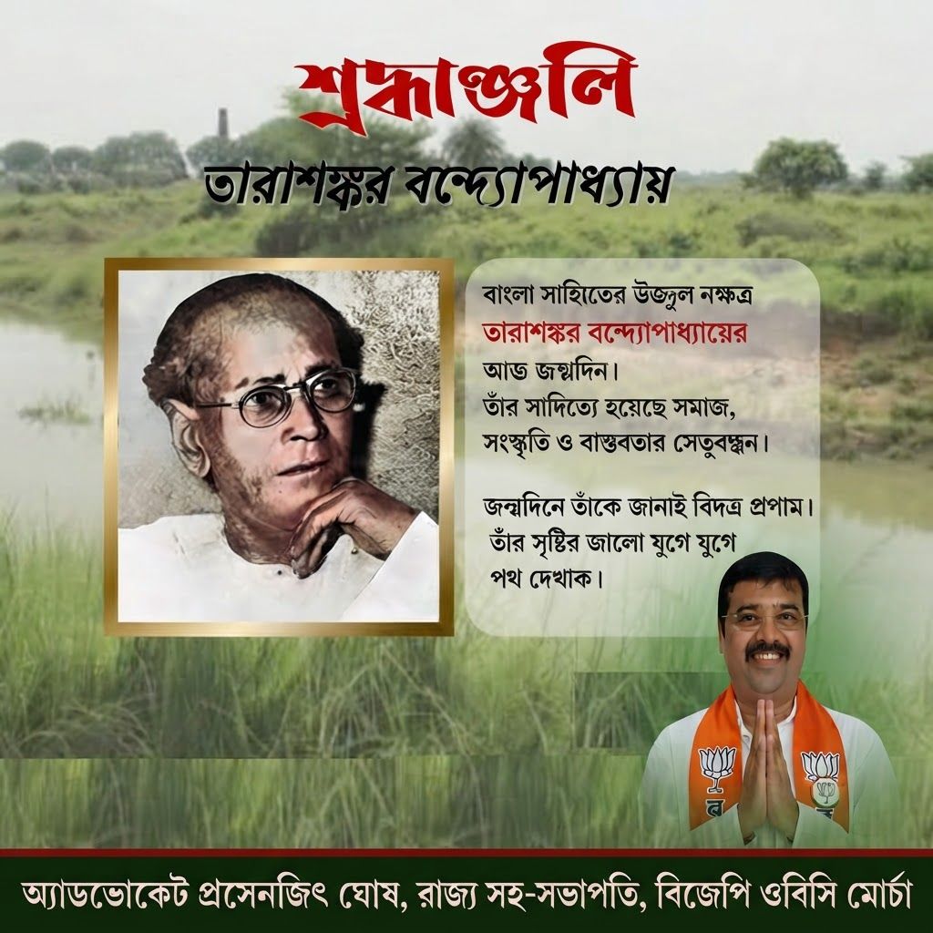 AI Design for add this small beneath right of 1st images melt with image background and mention "অ্যাডভোকেট প্রসেনজিৎ ঘোষ, রাজ্য সহ-সভাপতি, বিজেপি ওবিসি মোর্চা" beneath in the whole image