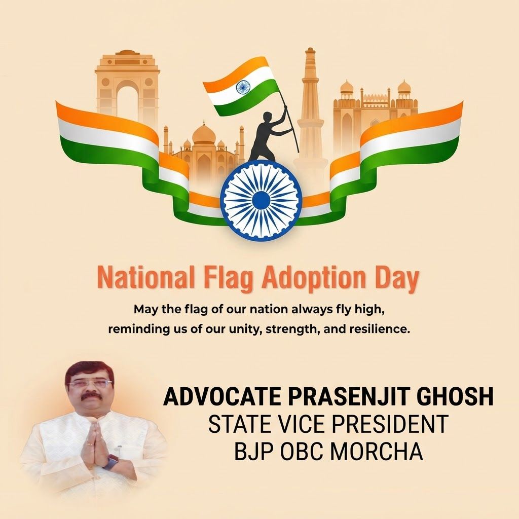 AI Design for add this small beneath left of 1st images melt with image background and mention " ADVOCATE PRASENJIT GHOSH STATE VICE PRESIDENT BJP OBC MORCHA
"
beneath the whole photo