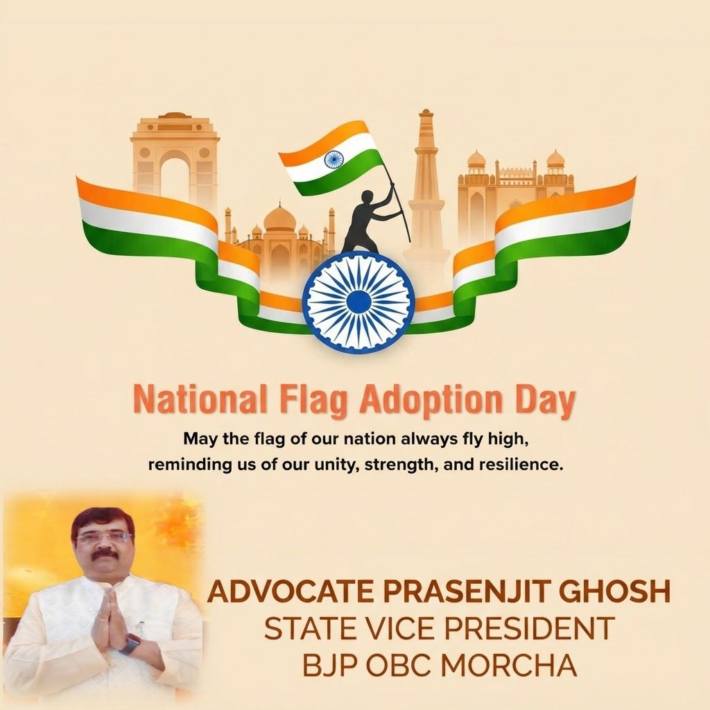 AI Design for add this small beneath left of 1st images melt with image background and mention " ADVOCATE PRASENJIT GHOSH STATE VICE PRESIDENT BJP OBC MORCHA
"
beneath the whole photo