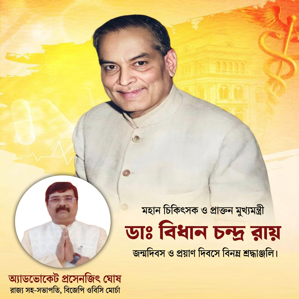 add this small beneath left of 1st images matching with image background and mention "অ্যাডভোকেট প্রসেনজিৎ ঘোষ, রাজ্য সহ-সভাপতি, বিজেপি ওবিসি মোর্চা" beneath the added photo