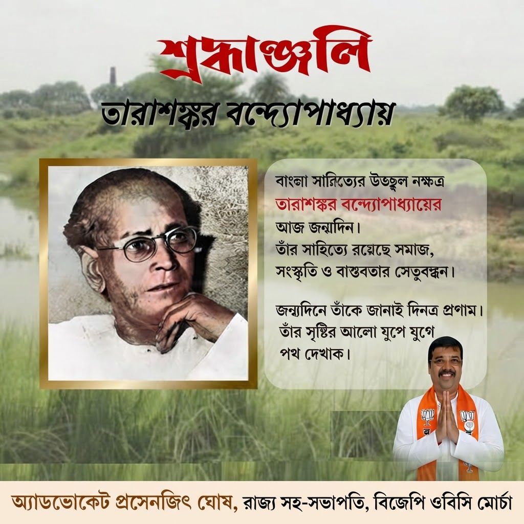 AI Design for add this small beneath right of 1st images melt with image background and mention "অ্যাডভোকেট প্রসেনজিৎ ঘোষ, রাজ্য সহ-সভাপতি, বিজেপি ওবিসি মোর্চা" beneath in the whole image