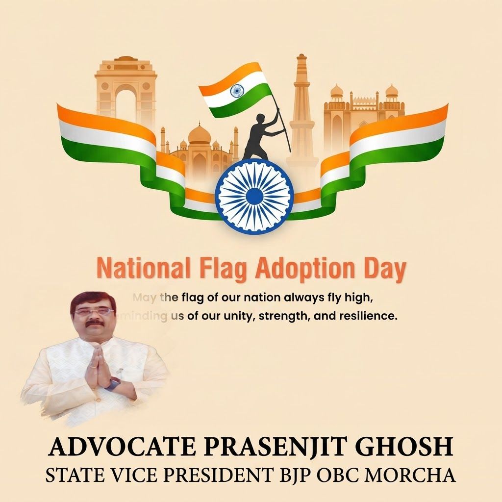 AI Design for add this small beneath left of 1st images melt with image background and mention " ADVOCATE PRASENJIT GHOSH STATE VICE PRESIDENT BJP OBC MORCHA
"
beneath the whole photo
