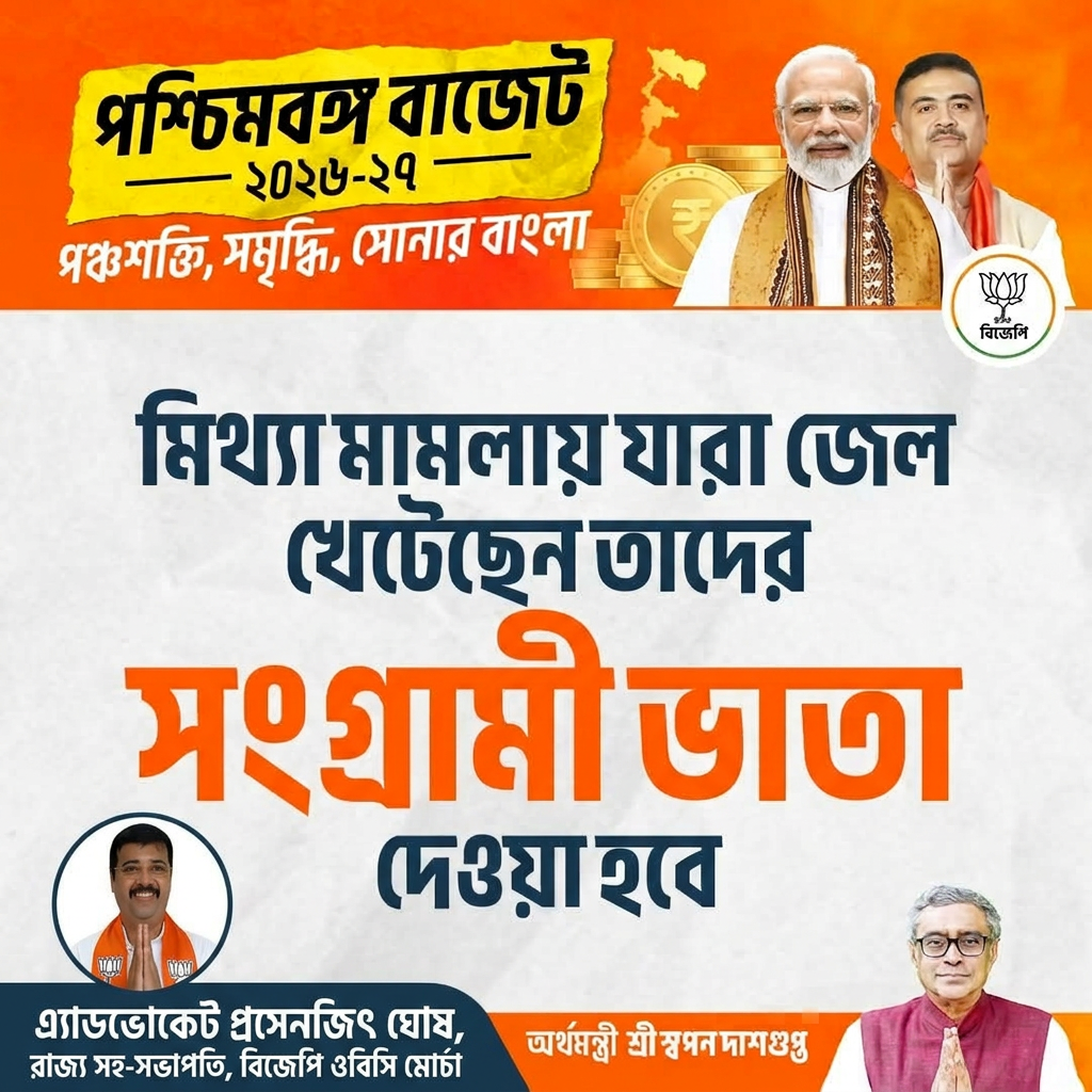 AI Design for add this small photo in the beaneth left corner and mention"অ্যাডভোকেট প্রসেনজিৎ ঘোষ, রাজ্য সহ-সভাপতি, বিজেপি ওবিসি মোর্চা" beaneth the photo