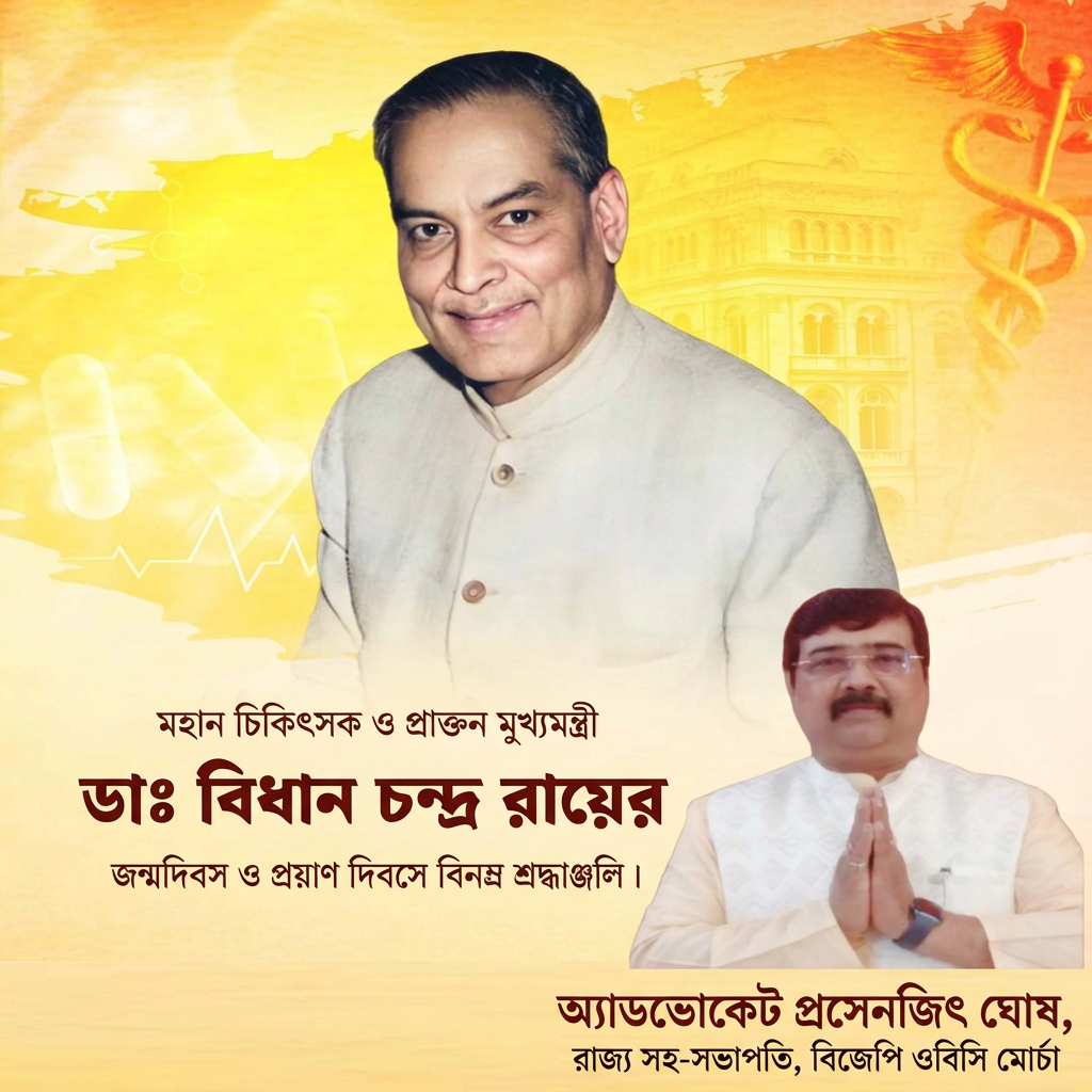 add this small beneath right of 1st images melt with image background and mention "অ্যাডভোকেট প্রসেনজিৎ ঘোষ, রাজ্য সহ-সভাপতি, বিজেপি ওবিসি মোর্চা" beneath the added photo