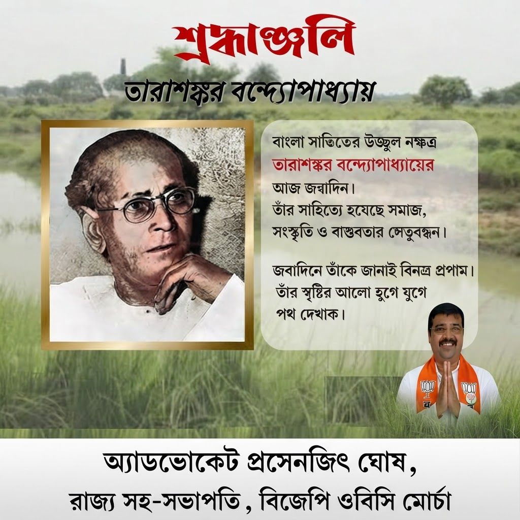AI Design for add this small beneath right of 1st images melt with image background and mention "অ্যাডভোকেট প্রসেনজিৎ ঘোষ, রাজ্য সহ-সভাপতি, বিজেপি ওবিসি মোর্চা" beneath in the whole image