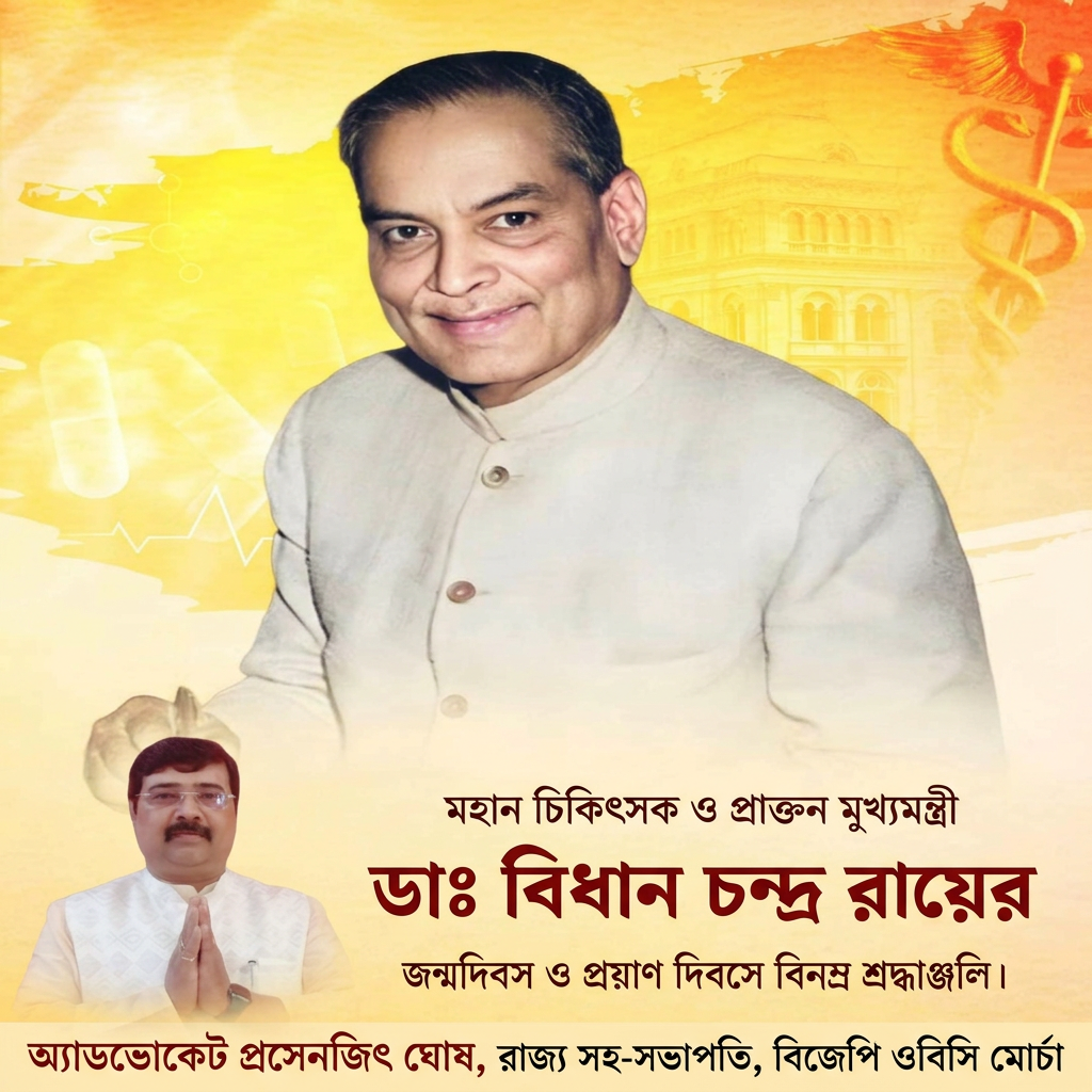 add this small beneath left of 1st images melt with image background and mention "অ্যাডভোকেট প্রসেনজিৎ ঘোষ, রাজ্য সহ-সভাপতি, বিজেপি ওবিসি মোর্চা" beneath the added photo