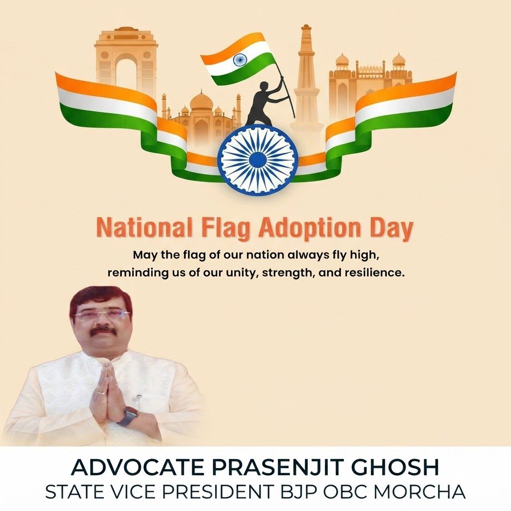 AI Design for add this small beneath left of 1st images melt with image background and mention " ADVOCATE PRASENJIT GHOSH STATE VICE PRESIDENT BJP OBC MORCHA
"
beneath the whole photo