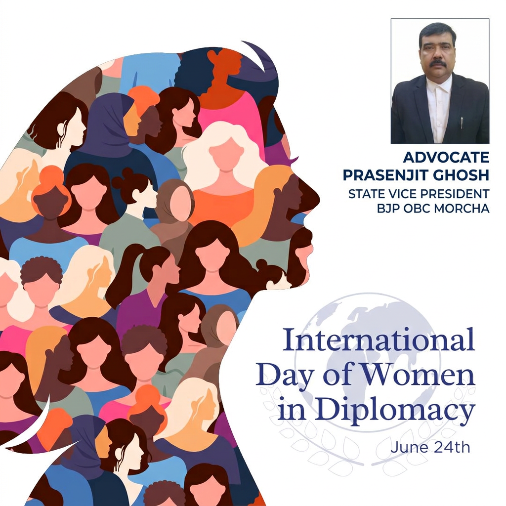 AI Design for add this 2nd pic in the 1st top right in small size the images and mention"ADVOCATE PRASENJIT GHOSH STATE VICE PRESIDENT BJP OBC MORCHA" beaneth the photo