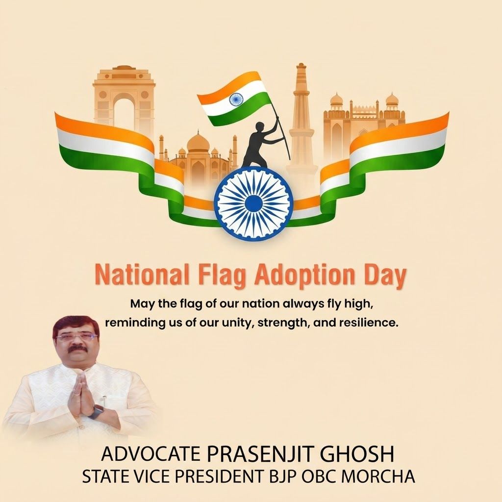 AI Design for add this small beneath left of 1st images melt with image background and mention " ADVOCATE PRASENJIT GHOSH STATE VICE PRESIDENT BJP OBC MORCHA
"
beneath the whole photo