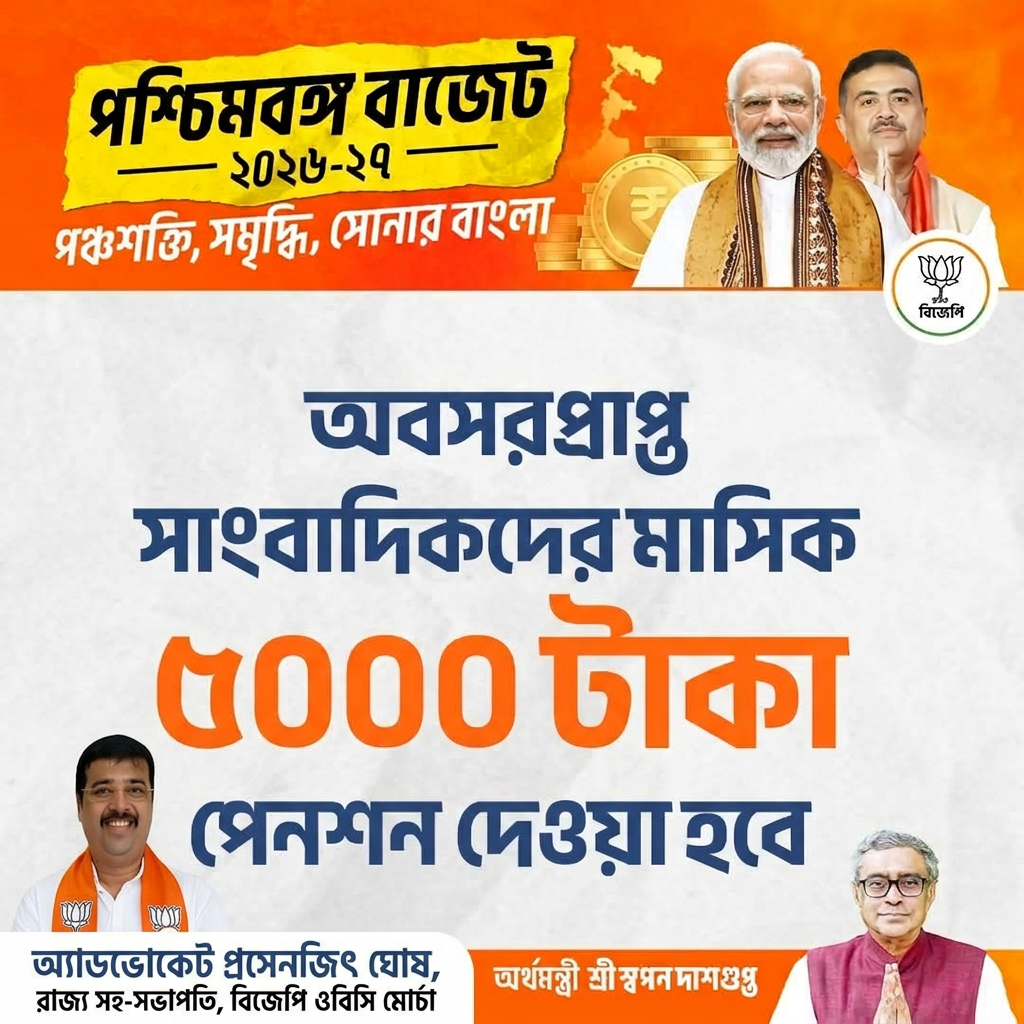 AI Design for add this small photo in the beaneth left corner and mention"অ্যাডভোকেট প্রসেনজিৎ ঘোষ, রাজ্য সহ-সভাপতি, বিজেপি ওবিসি মোর্চা" beaneth the photo