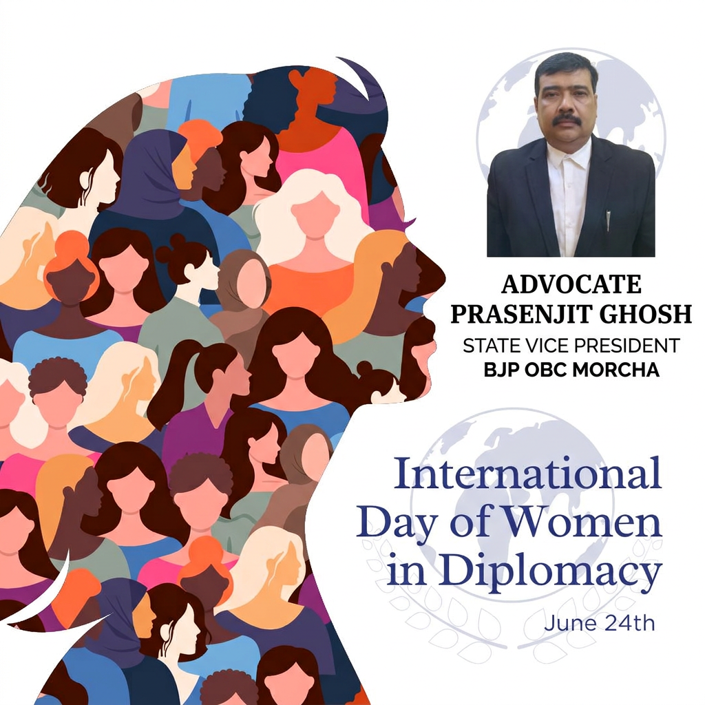 AI Design for add this 2nd pic in the 1st top right in small size the images matching with background and mention"ADVOCATE PRASENJIT GHOSH STATE VICE PRESIDENT BJP OBC MORCHA" beaneth the photo