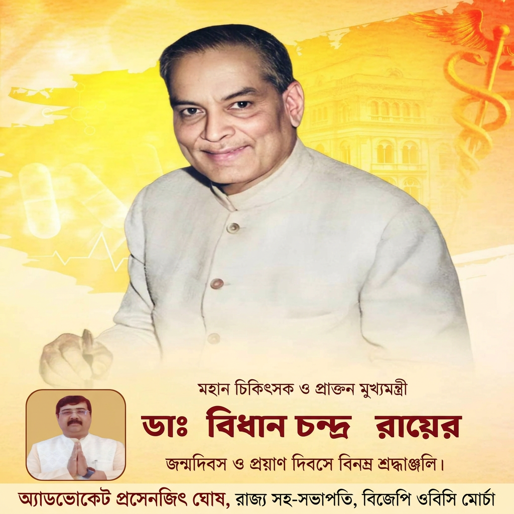 add this small beneath left of 1st images matching with image background and mention "অ্যাডভোকেট প্রসেনজিৎ ঘোষ, রাজ্য সহ-সভাপতি, বিজেপি ওবিসি মোর্চা" beneath the added photo