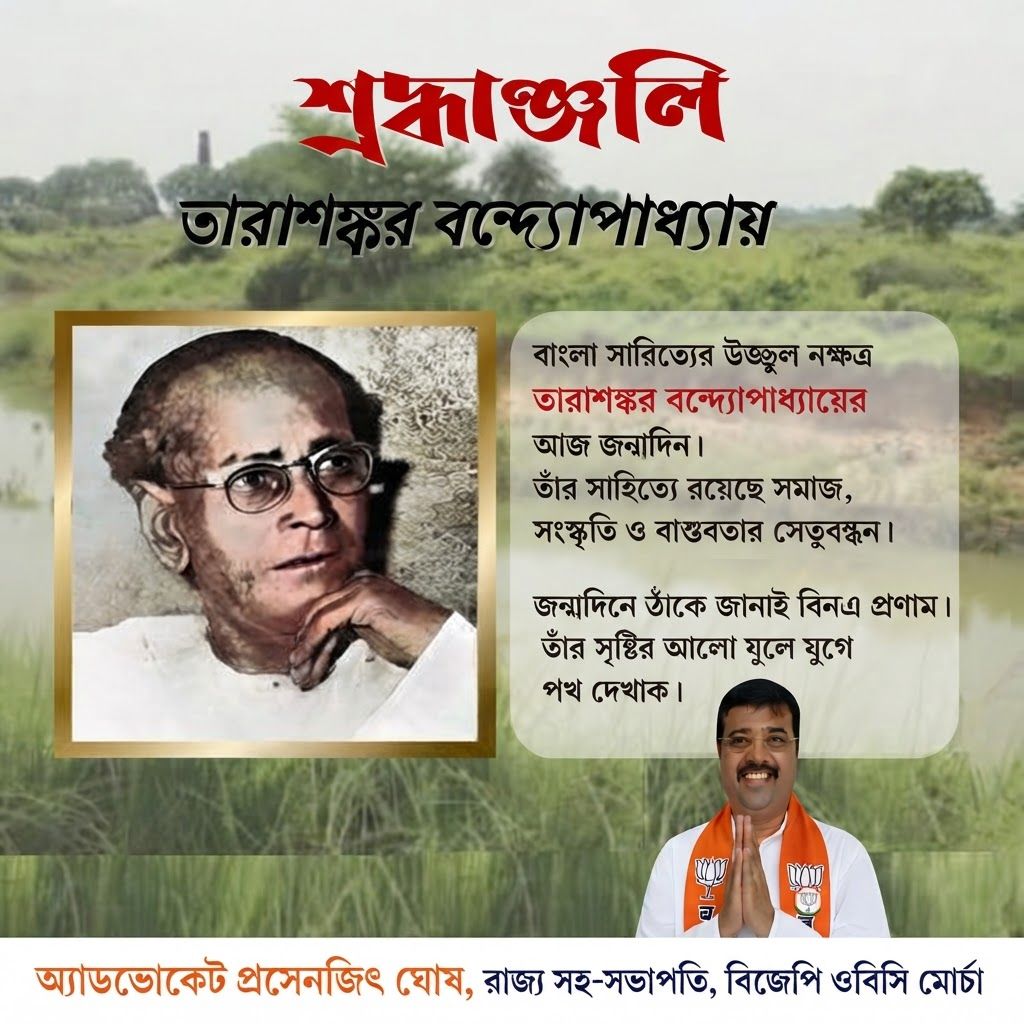 AI Design for add this small beneath right of 1st images melt with image background and mention "অ্যাডভোকেট প্রসেনজিৎ ঘোষ, রাজ্য সহ-সভাপতি, বিজেপি ওবিসি মোর্চা" beneath in the whole image