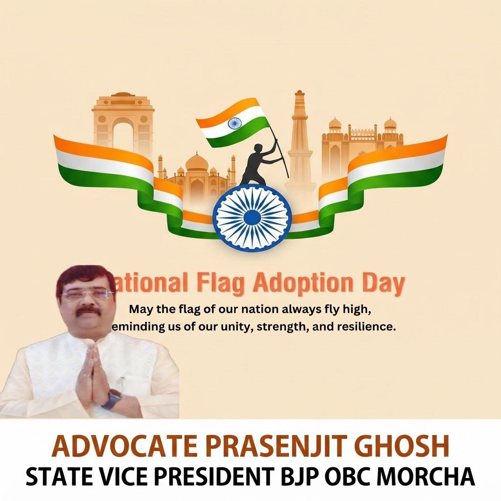 AI Design for add this small beneath left of 1st images melt with image background and mention " ADVOCATE PRASENJIT GHOSH STATE VICE PRESIDENT BJP OBC MORCHA
"
beneath the whole photo