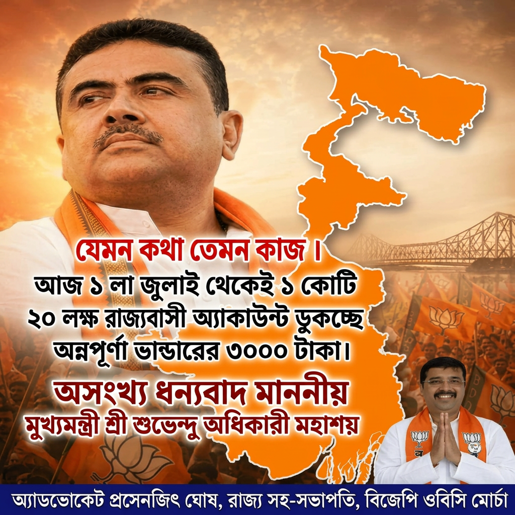 Remove all letters from the meddle of this image and add "যেমন কথা তেমন কাজ ।



আজ ১ লা জুলাই থেকেই ১ কোটি ২০ লক্ষ রাজ্যবাসী মা ও বোনের অ্যাকাউন্টে ঢুকেছে অন্নপূর্ণা ভান্ডারের ৩০০০ টাকা।


"অসংখ্য ধন্যবাদ মাননীয় মুখ্যমন্ত্রী শ্রী শুভেন্দু অধিকারী মহাশয়" (this letter should be big)