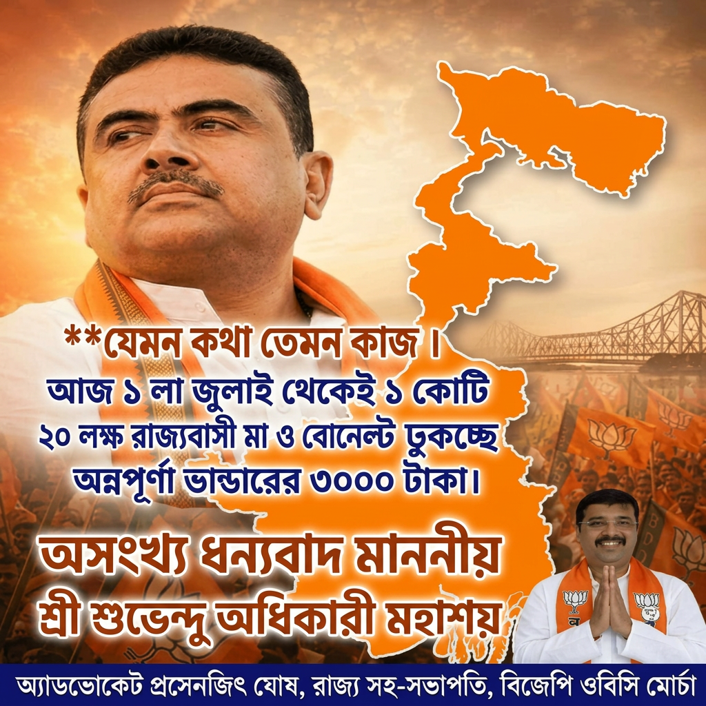 Remove all letters from the meddle of this image and add "যেমন কথা তেমন কাজ ।



আজ ১ লা জুলাই থেকেই ১ কোটি ২০ লক্ষ রাজ্যবাসী মা ও বোনের অ্যাকাউন্টে ঢুকেছে অন্নপূর্ণা ভান্ডারের ৩০০০ টাকা।


অসংখ্য ধন্যবাদ মাননীয় মুখ্যমন্ত্রী শ্রী শুভেন্দু অধিকারী মহাশয়" (this last line should be big)
