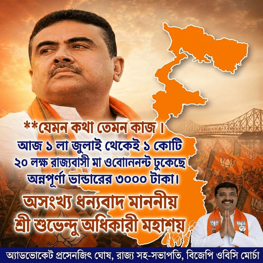 Remove all letters from the meddle of this image and add "যেমন কথা তেমন কাজ ।



আজ ১ লা জুলাই থেকেই ১ কোটি ২০ লক্ষ রাজ্যবাসী মা ও বোনের অ্যাকাউন্টে ঢুকেছে অন্নপূর্ণা ভান্ডারের ৩০০০ টাকা।


অসংখ্য ধন্যবাদ মাননীয় মুখ্যমন্ত্রী শ্রী শুভেন্দু অধিকারী মহাশয়" (this last line should be big) And all letters should be correct and according to the given prompt