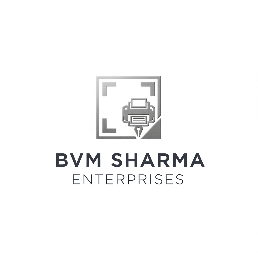 AI Design for "A premium, minimalist logo for BVM Sharma Enterprises. The design features a sophisticated geometric icon combining an abstract X-ray frame and a subtle printer nozzle element. Use a clean, modern sans-serif font. Color palette: deep charcoal gray and metallic silver. Professional, high-end, minimalist aesthetic, white background.