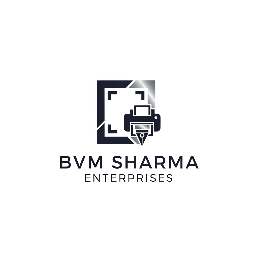 AI Design for "A premium, minimalist logo for BVM Sharma Enterprises. The design features a sophisticated geometric icon combining an abstract X-ray frame and a subtle printer nozzle element. Use a clean, modern sans-serif font. Color palette: deep charcoal gray and metallic silver. Professional, high-end, minimalist aesthetic, white background.