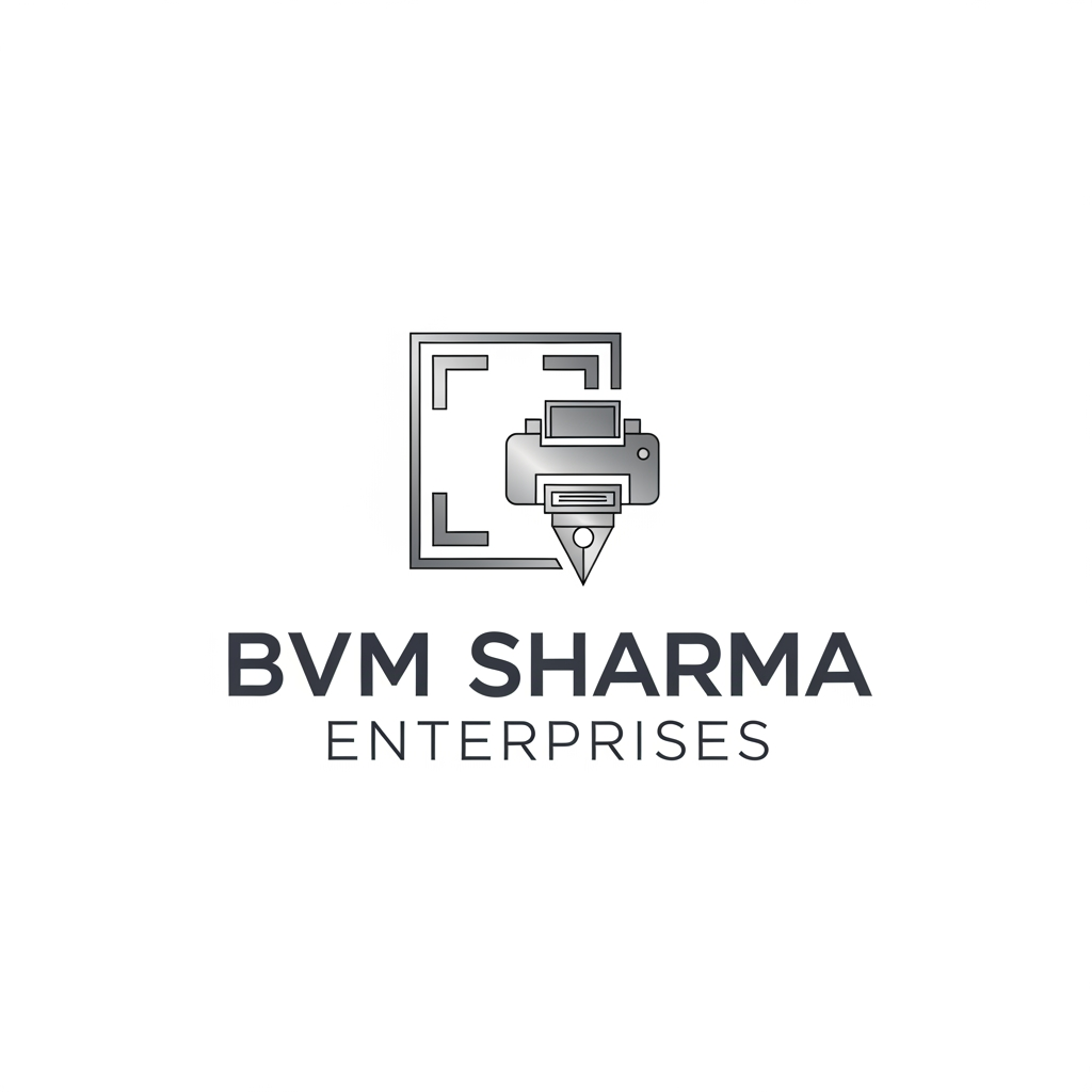 AI Design for "A premium, minimalist logo for BVM Sharma Enterprises. The design features a sophisticated geometric icon combining an abstract X-ray frame and a subtle printer nozzle element. Use a clean, modern sans-serif font. Color palette: deep charcoal gray and metallic silver. Professional, high-end, minimalist aesthetic, white background.