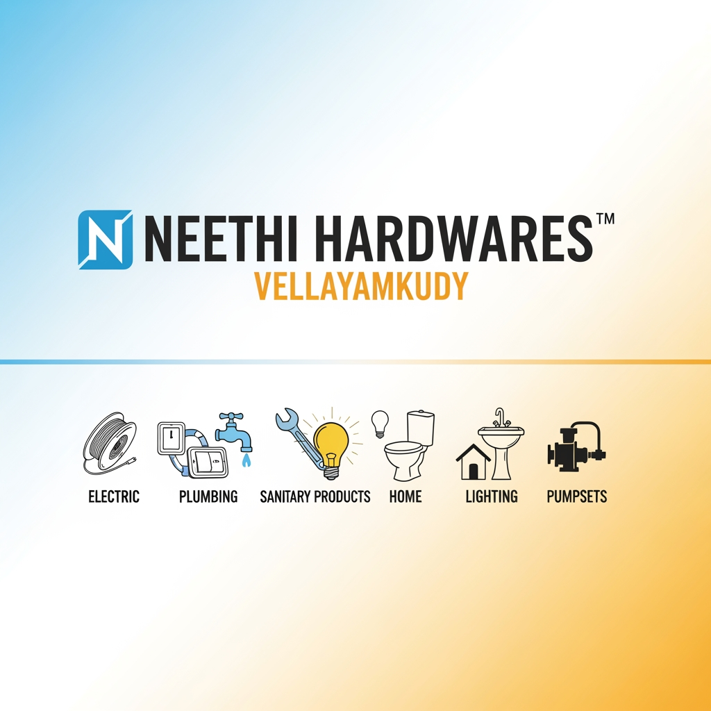AI Design for HEADER FOR MY BROCHURE WHICH I AM CURRENTLY MAKING IN PHOTOSHOP I WANT THE COMPANY HEADER SECTION ATTRACTIVE AND BEAUTIFUL COMPANY NAME :"NEETHI HARDWARES", PLACE:"VELLAYAMKUDY",I SELL WIRES AND SWITCHES,PLUMPING,SANITARY,HOME LIGHTING PRODUCTS,AND PUMPSET