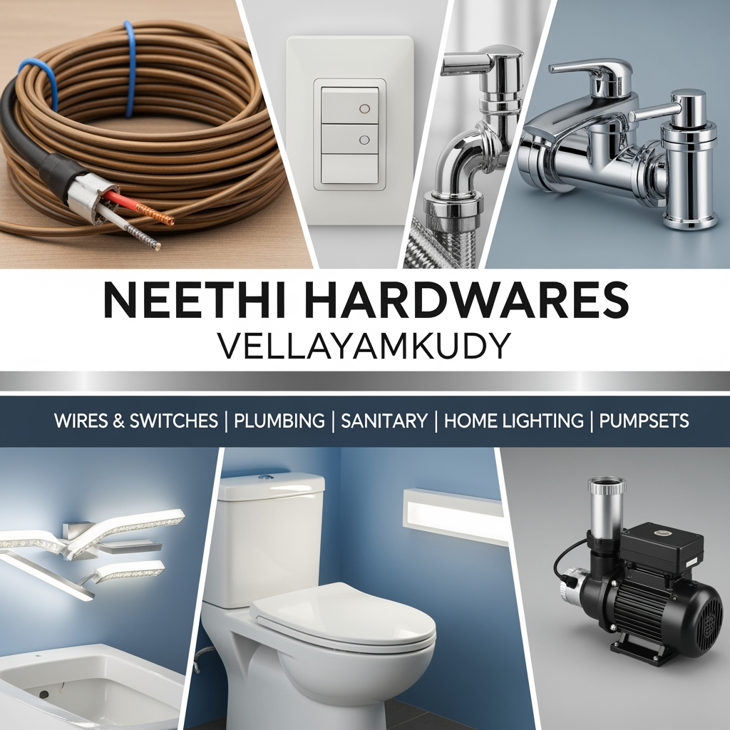 AI Design for HEADER FOR MY BROCHURE WHICH I AM CURRENTLY MAKING IN PHOTOSHOP I WANT THE COMPANY HEADER SECTION ATTRACTIVE AND BEAUTIFUL COMPANY NAME :"NEETHI HARDWARES", PLACE:"VELLAYAMKUDY",I SELL WIRES AND SWITCHES,PLUMPING,SANITARY,HOME LIGHTING PRODUCTS,AND PUMPSET