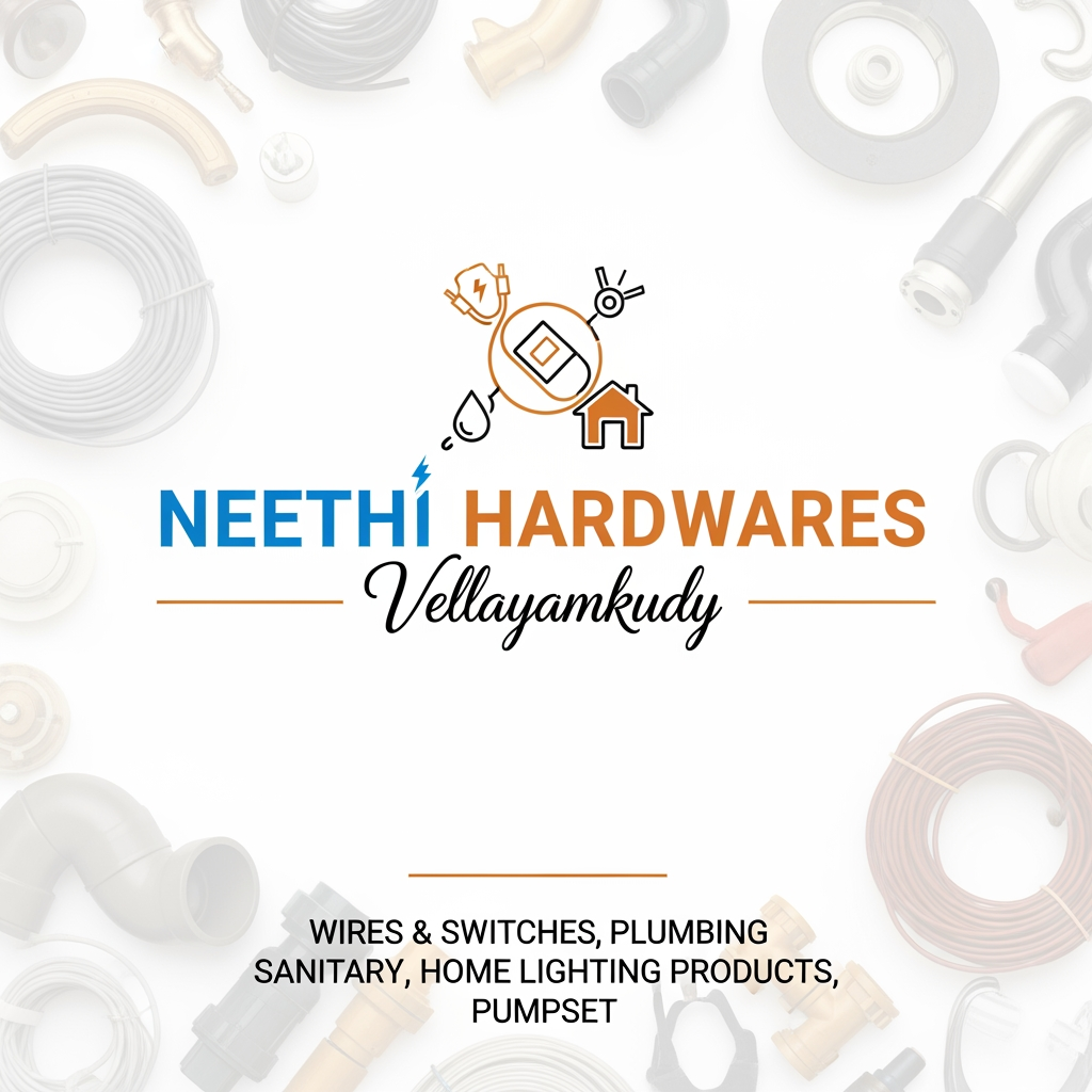 AI Design for HEADER FOR MY BROCHURE WHICH I AM CURRENTLY MAKING IN PHOTOSHOP I WANT THE COMPANY HEADER SECTION ATTRACTIVE AND BEAUTIFUL COMPANY NAME :"NEETHI HARDWARES", PLACE:"VELLAYAMKUDY",I SELL WIRES AND SWITCHES,PLUMPING,SANITARY,HOME LIGHTING PRODUCTS,AND PUMPSET