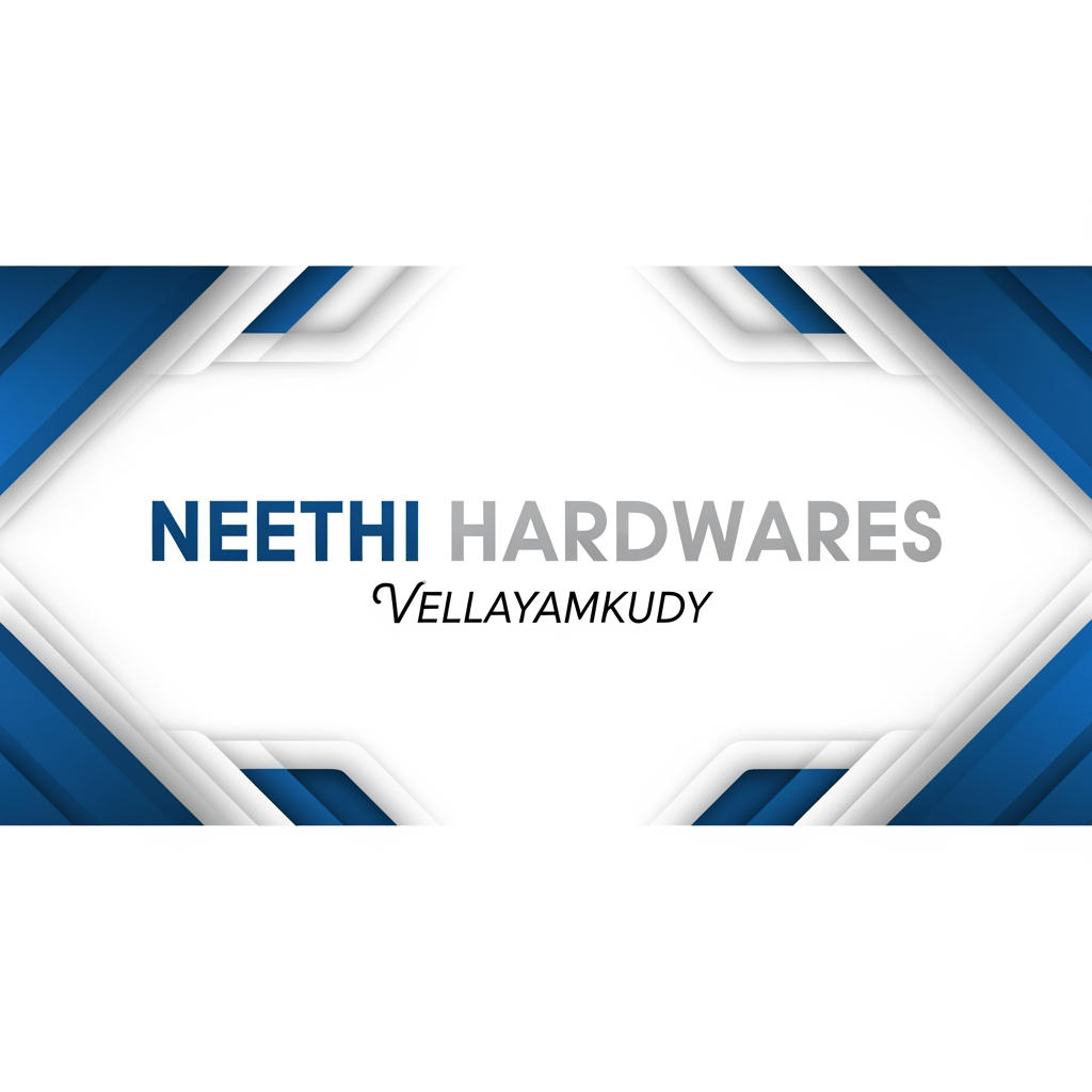 AI Design for HEADER FOR MY BROCHURE WHICH I AM CURRENTLY MAKING IN PHOTOSHOP I WANT THE COMPANY HEADER SECTION ATTRACTIVE AND BEAUTIFUL COMPANY NAME :"NEETHI HARDWARES", PLACE:"VELLAYAMKUDY",I SELL WIRES AND SWITCHES,PLUMPING,SANITARY,HOME LIGHTING PRODUCTS,AND PUMPSET