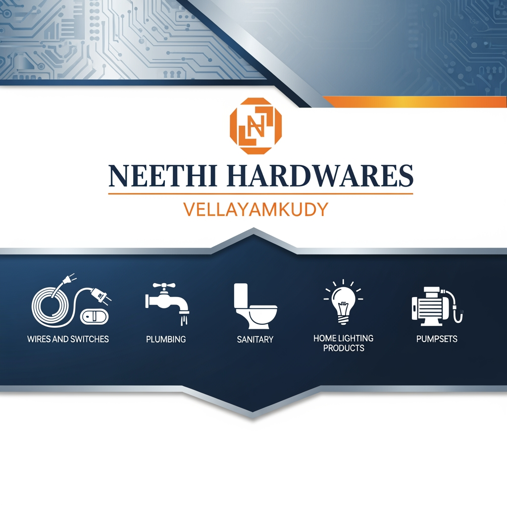 AI Design for HEADER FOR MY BROCHURE WHICH I AM CURRENTLY MAKING IN PHOTOSHOP I WANT THE COMPANY HEADER SECTION ATTRACTIVE AND BEAUTIFUL COMPANY NAME :"NEETHI HARDWARES", PLACE:"VELLAYAMKUDY",I SELL WIRES AND SWITCHES,PLUMPING,SANITARY,HOME LIGHTING PRODUCTS,AND PUMPSET