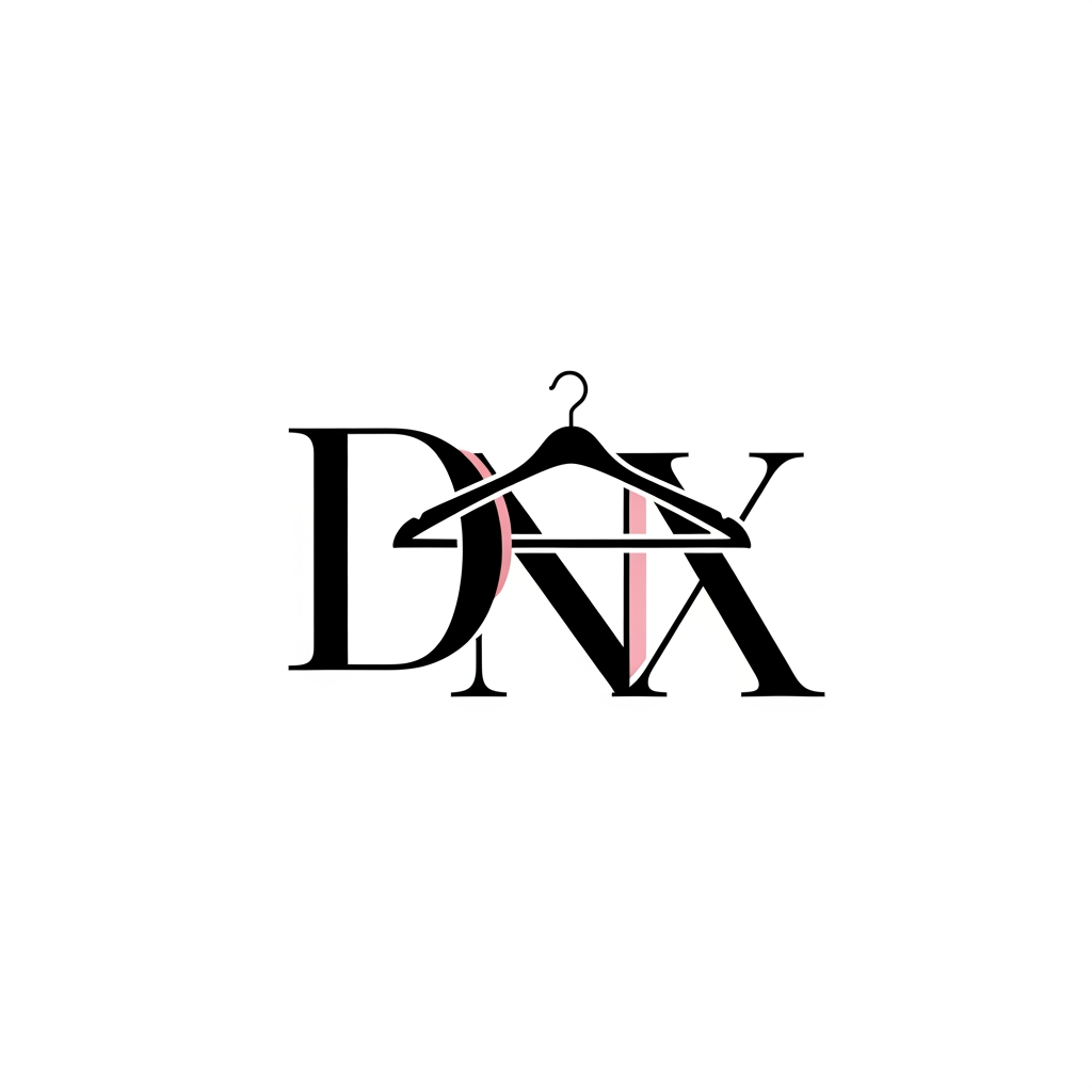 AI Design for Minimal luxury fashion logo, create elegant monogram using letters D N X, integrate a modern clothing hanger smoothly into the typography, premium women fashion retail brand, international imported clothing boutique, clean vector logo, luxury serif typography like Vogue magazine, black white and soft pink color palette, minimalist, high-end fashion identity, professional branding, no mockup background