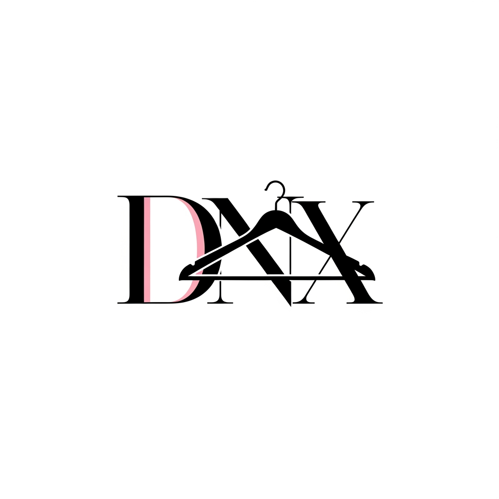 AI Design for Minimal luxury fashion logo, create elegant monogram using letters D N X, integrate a modern clothing hanger smoothly into the typography, premium women fashion retail brand, international imported clothing boutique, clean vector logo, luxury serif typography like Vogue magazine, black white and soft pink color palette, minimalist, high-end fashion identity, professional branding, no mockup background