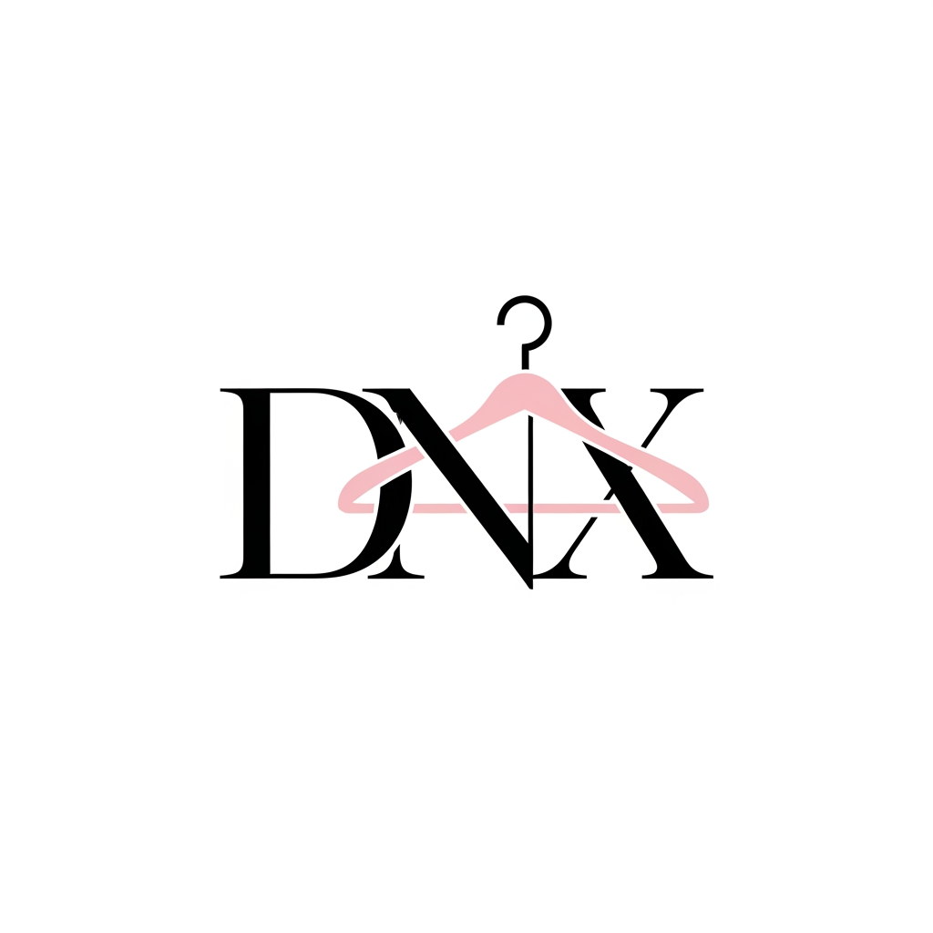 AI Design for Minimal luxury fashion logo, create elegant monogram using letters D N X, integrate a modern clothing hanger smoothly into the typography, premium women fashion retail brand, international imported clothing boutique, clean vector logo, luxury serif typography like Vogue magazine, black white and soft pink color palette, minimalist, high-end fashion identity, professional branding, no mockup background