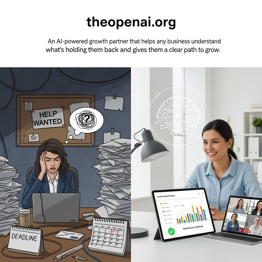 AI Design for Vision of Your Product theopenai.org is an AI-powered business growth platform that acts like a virtual business consultant for small and medium businesses. Instead of selling websites, SEO, or marketing separately, the platform first understands the business, identifies growth bottlenecks, and then recommends the right solutions while coordinating execution through your team. One-Line Vision "An AI-powered growth partner that helps any business understand what's holding them back and gives them a clear path to grow."