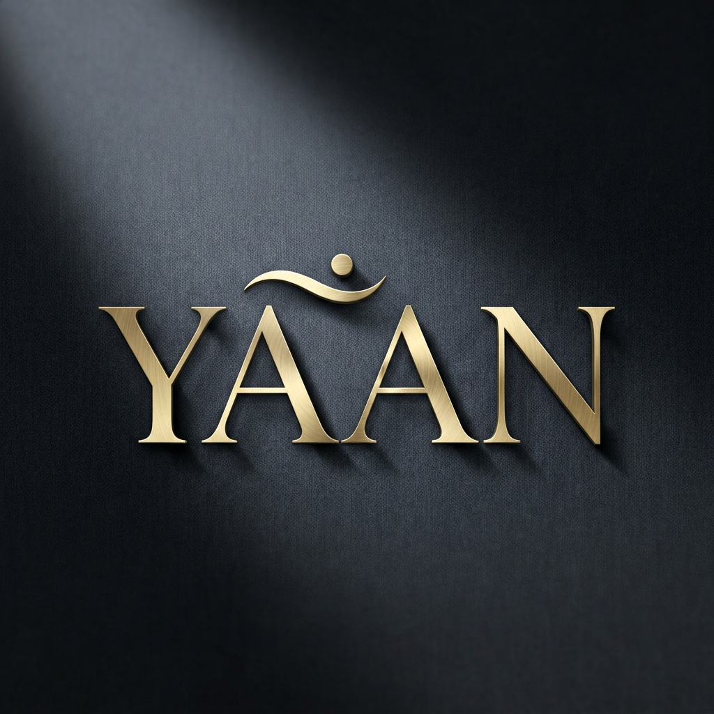AI Design for A sophisticated, high-end minimalist logo for the brand YAAN, featuring refined high-contrast serif typography and a subtle, abstract icon representing self-expression. The logo is presented with a premium metallic finish against a deep charcoal monochromatic background with subtle fabric-like texture, illuminated by dramatic studio lighting that creates elegant highlights and soft shadows to emphasize luxury craftsmanship.