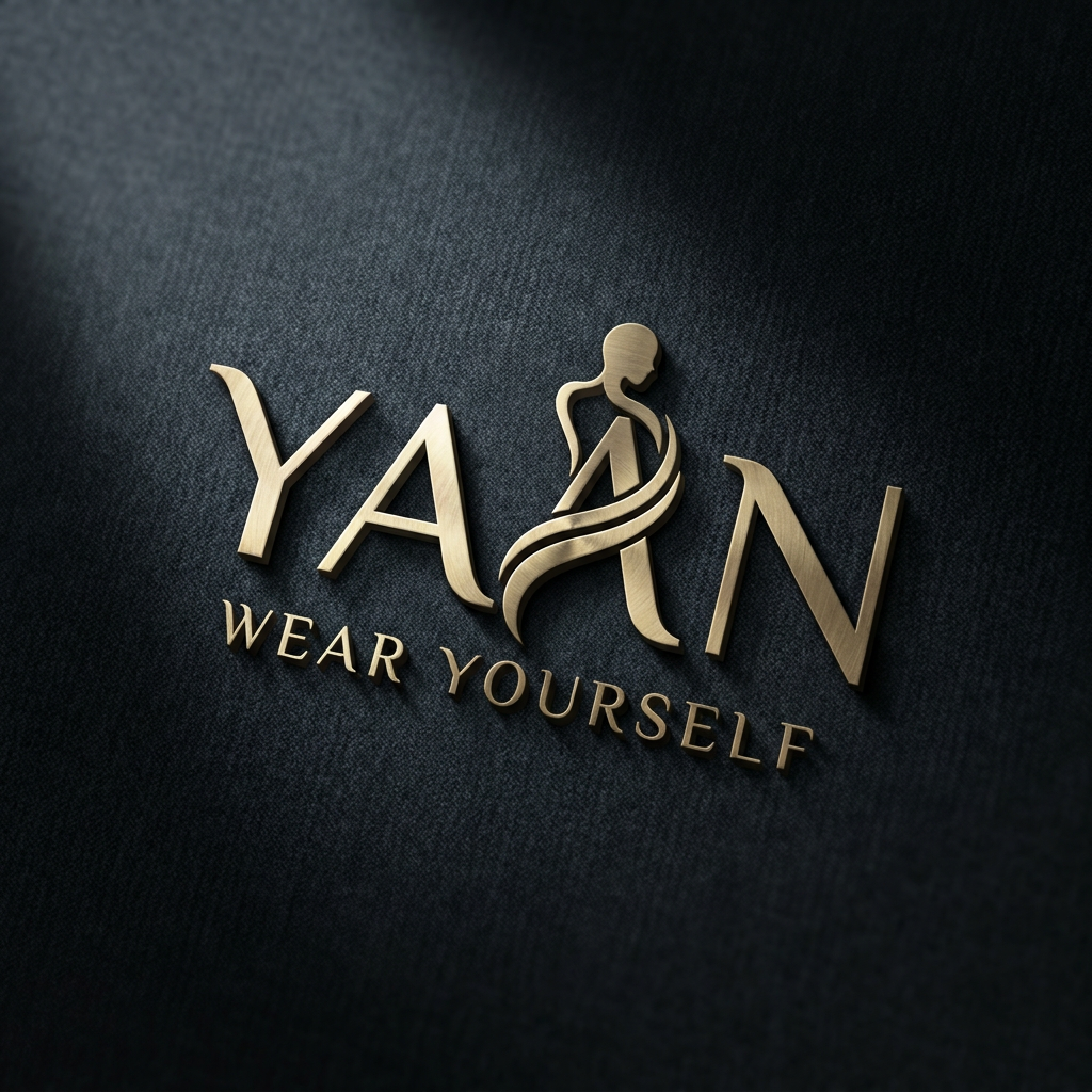 AI Design for A sophisticated, high-end minimalist logo for the brand YAAN, featuring refined high-contrast serif typography and a subtle, abstract icon representing self-expression. The logo is presented with a premium metallic finish against a deep charcoal monochromatic background with subtle fabric-like texture, illuminated by dramatic studio lighting that creates elegant highlights and soft shadows to emphasize luxury craftsmanship. TAGLINAE WEAR YOURSELF