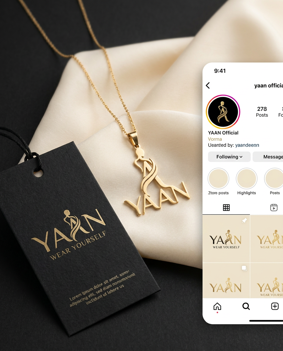 AI Design for A professional brand identity presentation showcasing {{asset:123}} featuring a sleek, minimalist logo design on a delicate gold necklace pendant, a premium textured hang tag, and a curated social media profile mockup. The aesthetic uses a sophisticated color palette of matte black, soft cream, and metallic gold, captured with clean studio lighting, shallow depth of field, and high-end editorial photography style.