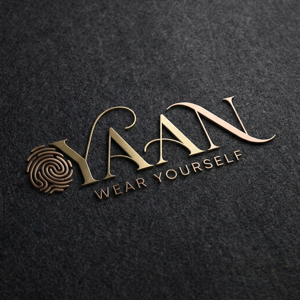 AI Design for A sophisticated, high-end minimalist logo for the brand YAAN, featuring refined high-contrast serif typography and a subtle, abstract icon representing self-expression. The logo is presented with a premium metallic finish against a deep charcoal monochromatic background with subtle fabric-like texture, illuminated by dramatic studio lighting that creates elegant highlights and soft shadows to emphasize luxury craftsmanship. TAGLINAE WEAR YOURSELF