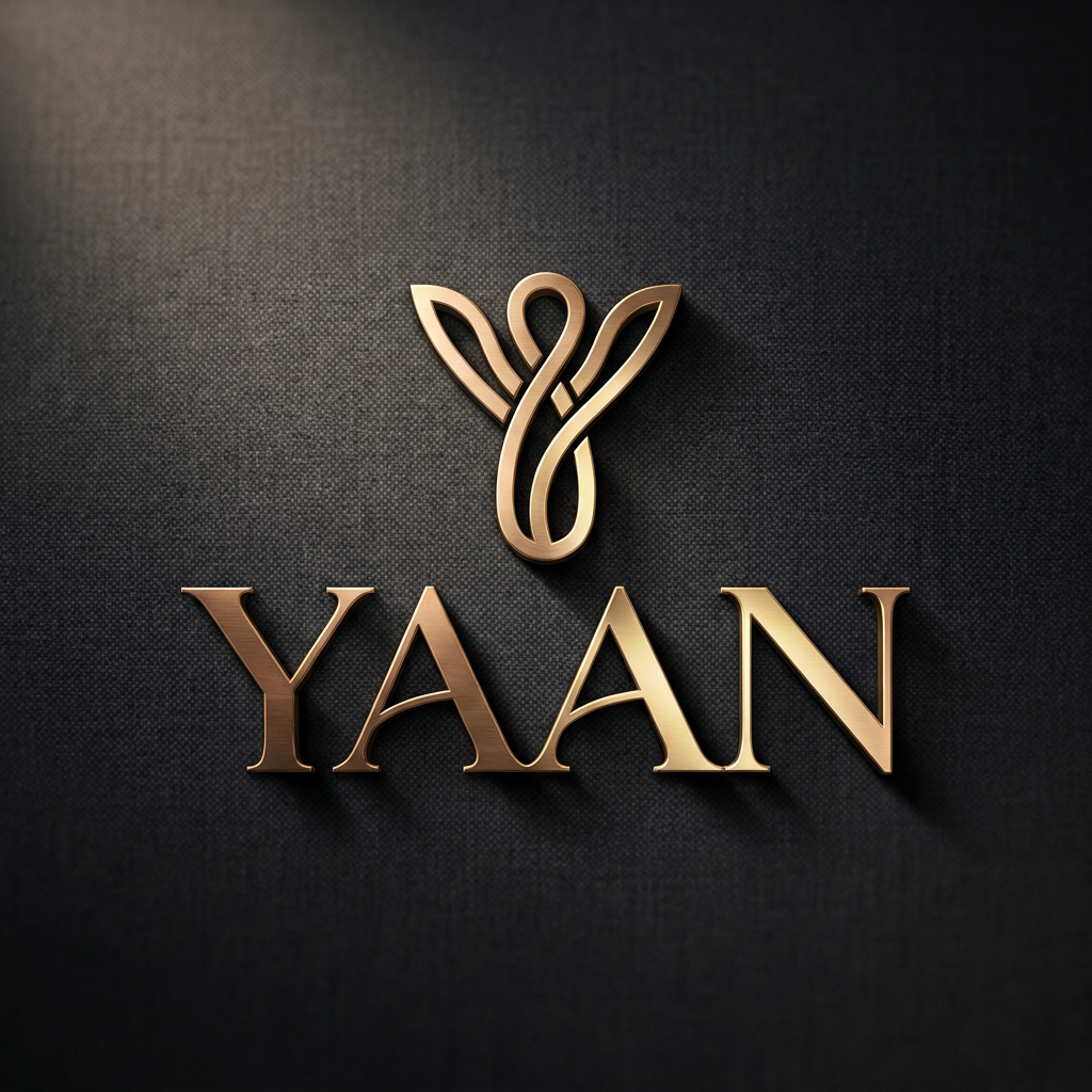 AI Design for A sophisticated, high-end minimalist logo for the brand YAAN, featuring refined high-contrast serif typography and a subtle, abstract icon representing self-expression. The logo is presented with a premium metallic finish against a deep charcoal monochromatic background with subtle fabric-like texture, illuminated by dramatic studio lighting that creates elegant highlights and soft shadows to emphasize luxury craftsmanship.