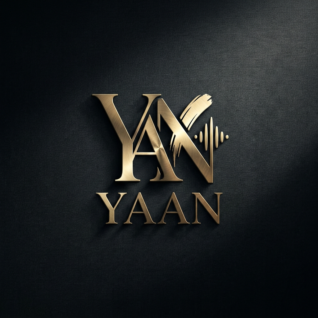 AI Design for A sophisticated, high-end minimalist logo for the brand YAAN, featuring refined high-contrast serif typography and a subtle, abstract icon representing self-expression. The logo is presented with a premium metallic finish against a deep charcoal monochromatic background with subtle fabric-like texture, illuminated by dramatic studio lighting that creates elegant highlights and soft shadows to emphasize luxury craftsmanship.