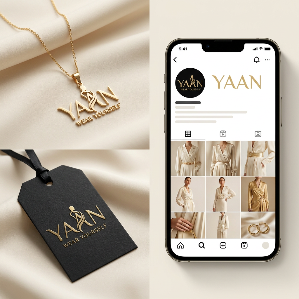 AI Design for A professional brand identity presentation showcasing {{asset:123}} featuring a sleek, minimalist logo design on a delicate gold necklace pendant, a premium textured hang tag, and a curated social media profile mockup. The aesthetic uses a sophisticated color palette of matte black, soft cream, and metallic gold, captured with clean studio lighting, shallow depth of field, and high-end editorial photography style.