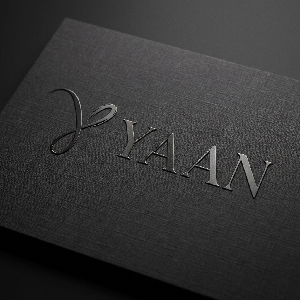 AI Design for A sophisticated and minimalist luxury logo for a high-end clothing brand named YAAN, featuring elegant, clean typography with high-contrast serif lettering. The design should feel timeless and premium, incorporating a subtle, abstract icon that represents the concept of self-expression, set against a monochromatic textured background with soft, dramatic studio lighting.